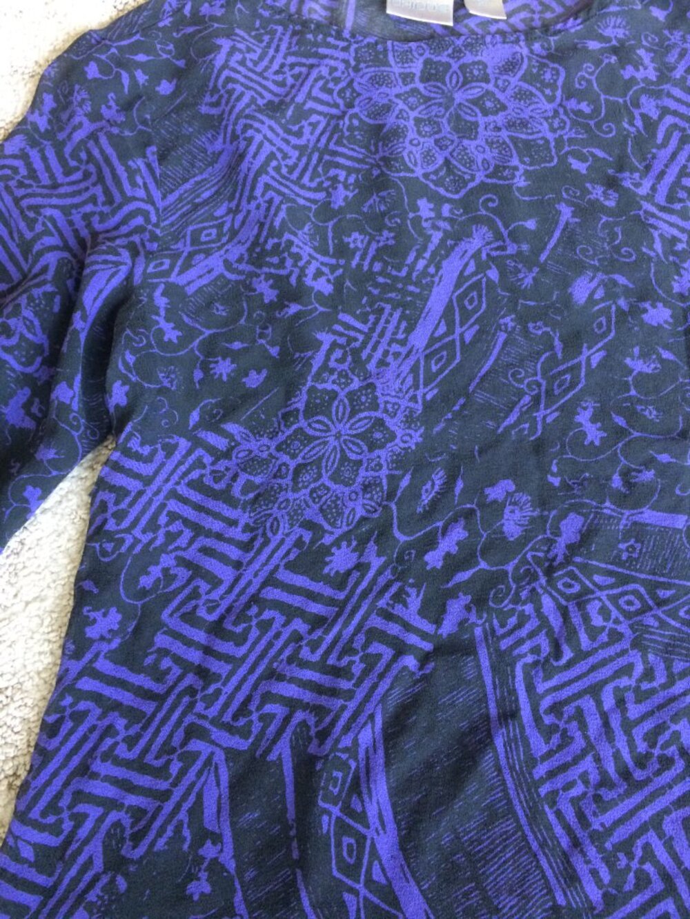 Chico’s Black and Purple Long Sleeve Sheer Silk Asymmetrical Top - Picture 8 of 16